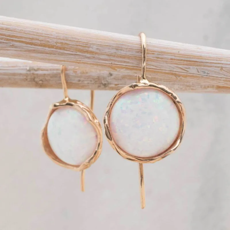 14K Rose Gold Round White Opal 12mm Dangle Earrings