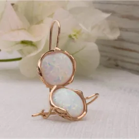 14K Rose Gold Round White Opal 12mm Dangle Earrings