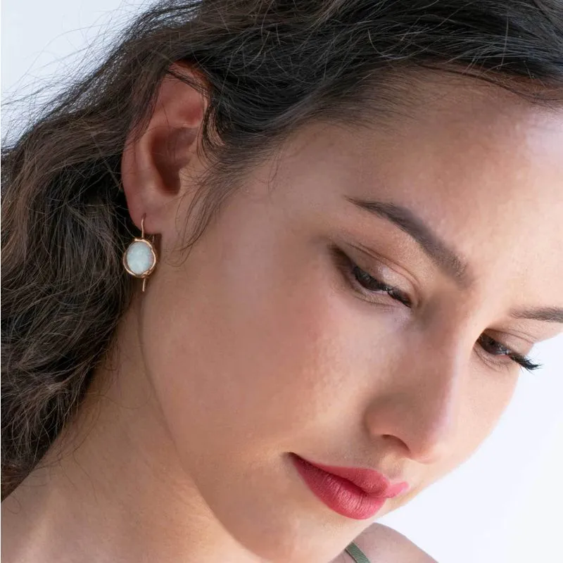 14K Rose Gold Round White Opal 12mm Dangle Earrings