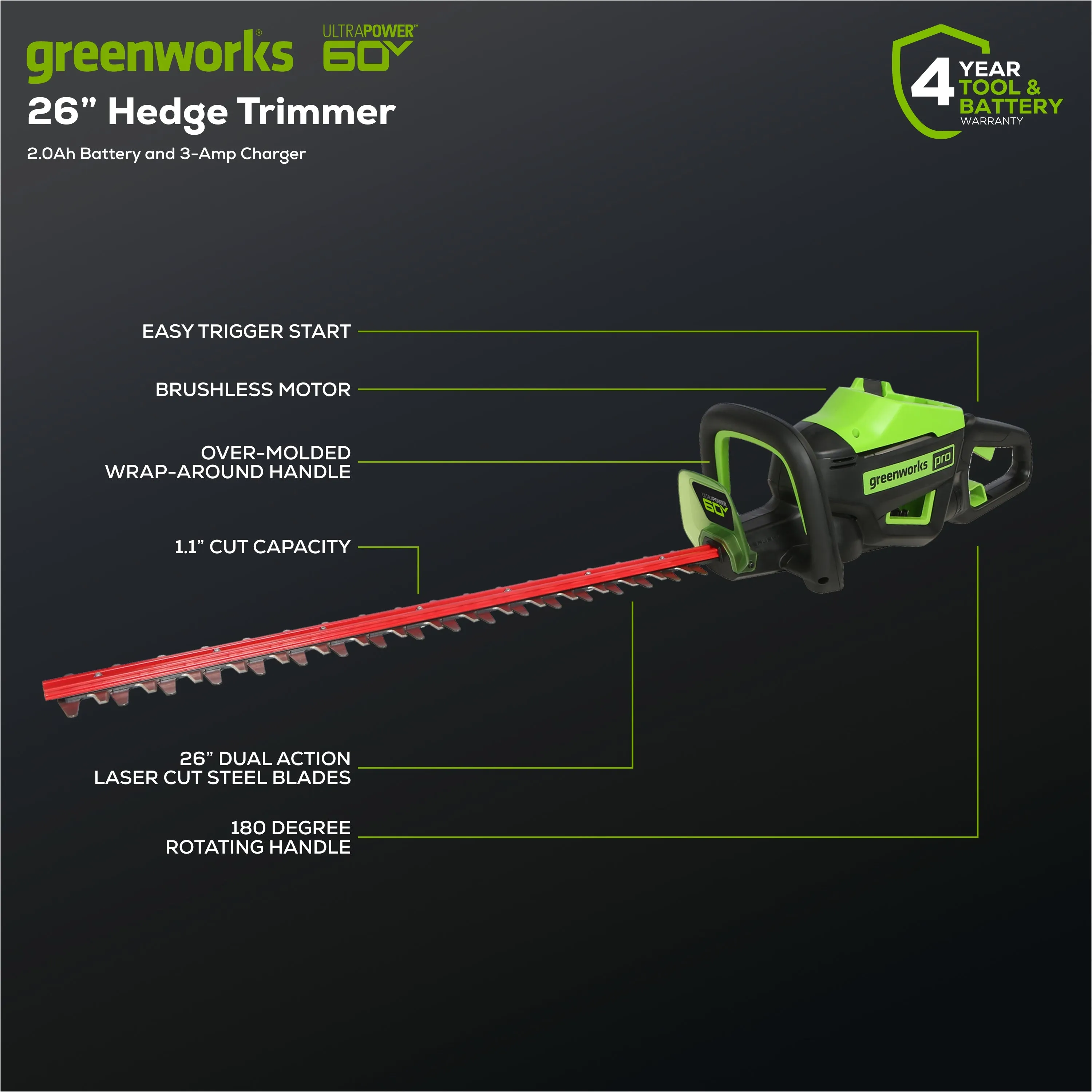 60V 26" Cordless Battery Hedge Trimmer (Tool Only)