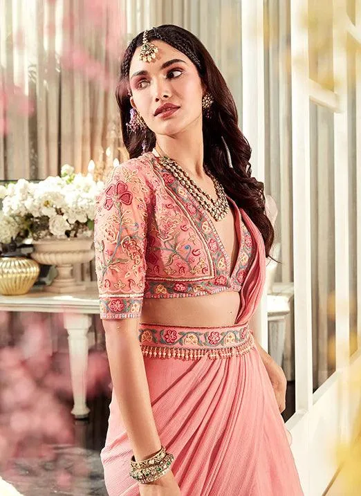 Astonishing Peach Zari Work Organza Saree