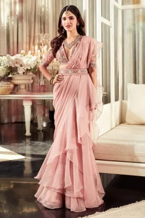 Astonishing Peach Zari Work Organza Saree