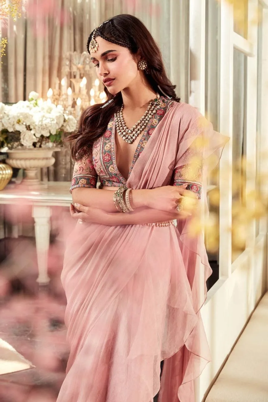 Astonishing Peach Zari Work Organza Saree