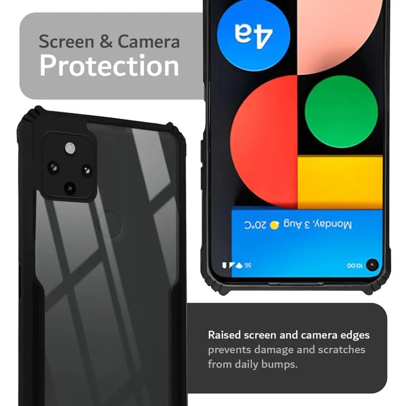 Back Cover Case for Google Pixel 4A 5G | HybridShield Transparent Glass Back | Camera Protection - Black Bumper & Transparent Back
