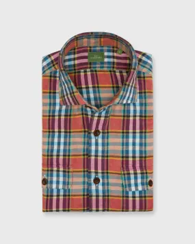 Band-Hem Work Shirt in Coral/Berry/Aqua Plaid Cotolino