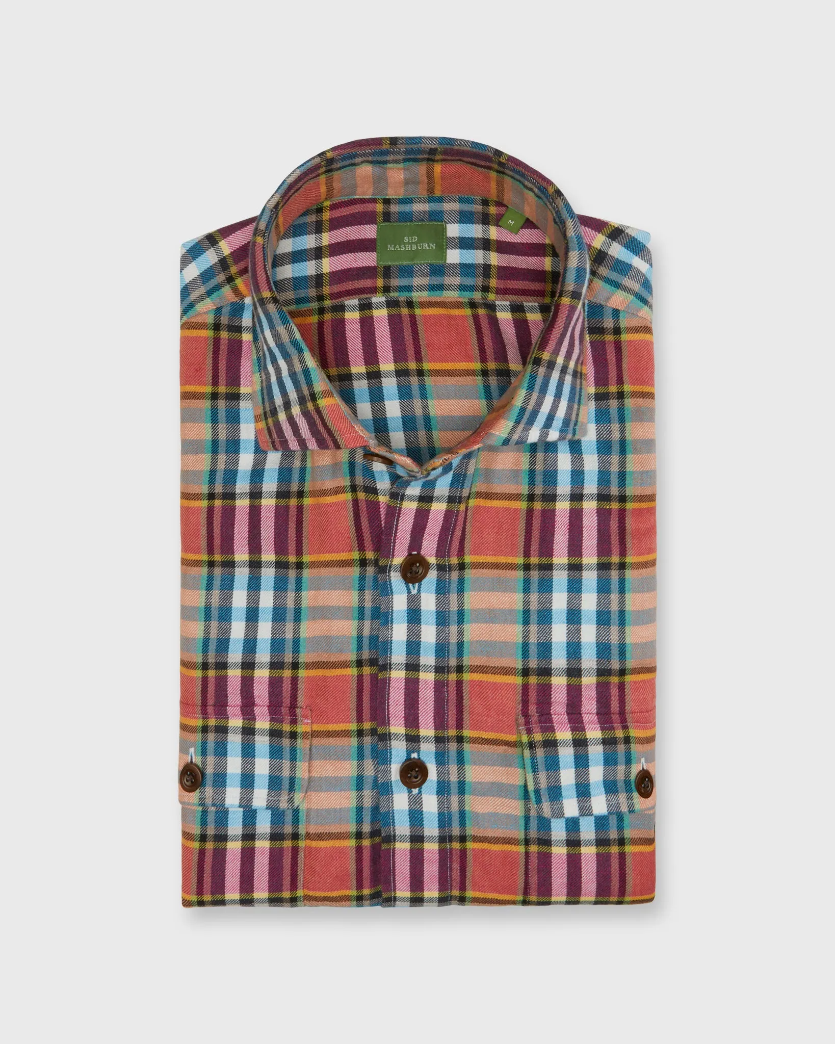 Band-Hem Work Shirt in Coral/Berry/Aqua Plaid Cotolino