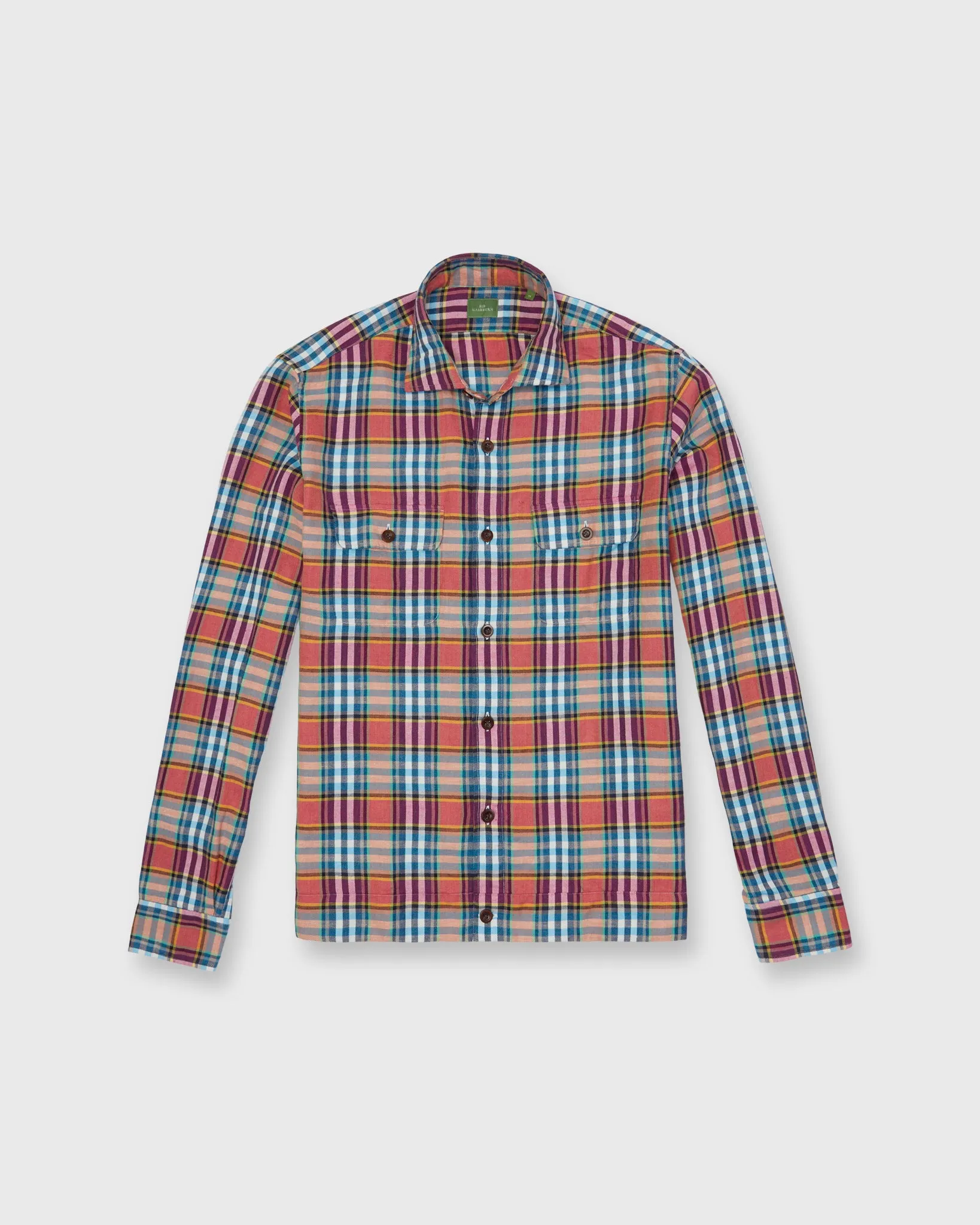 Band-Hem Work Shirt in Coral/Berry/Aqua Plaid Cotolino