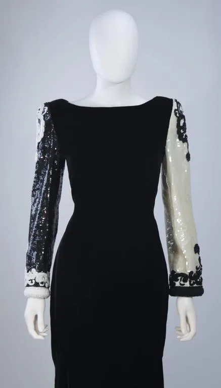 BILL BLASS Color Black Velvet Gown with Beaded Sleeves Size 6-8