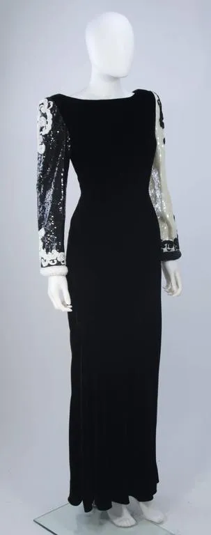 BILL BLASS Color Black Velvet Gown with Beaded Sleeves Size 6-8