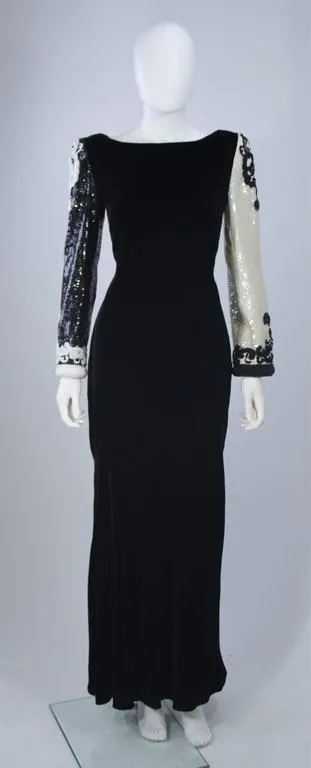 BILL BLASS Color Black Velvet Gown with Beaded Sleeves Size 6-8