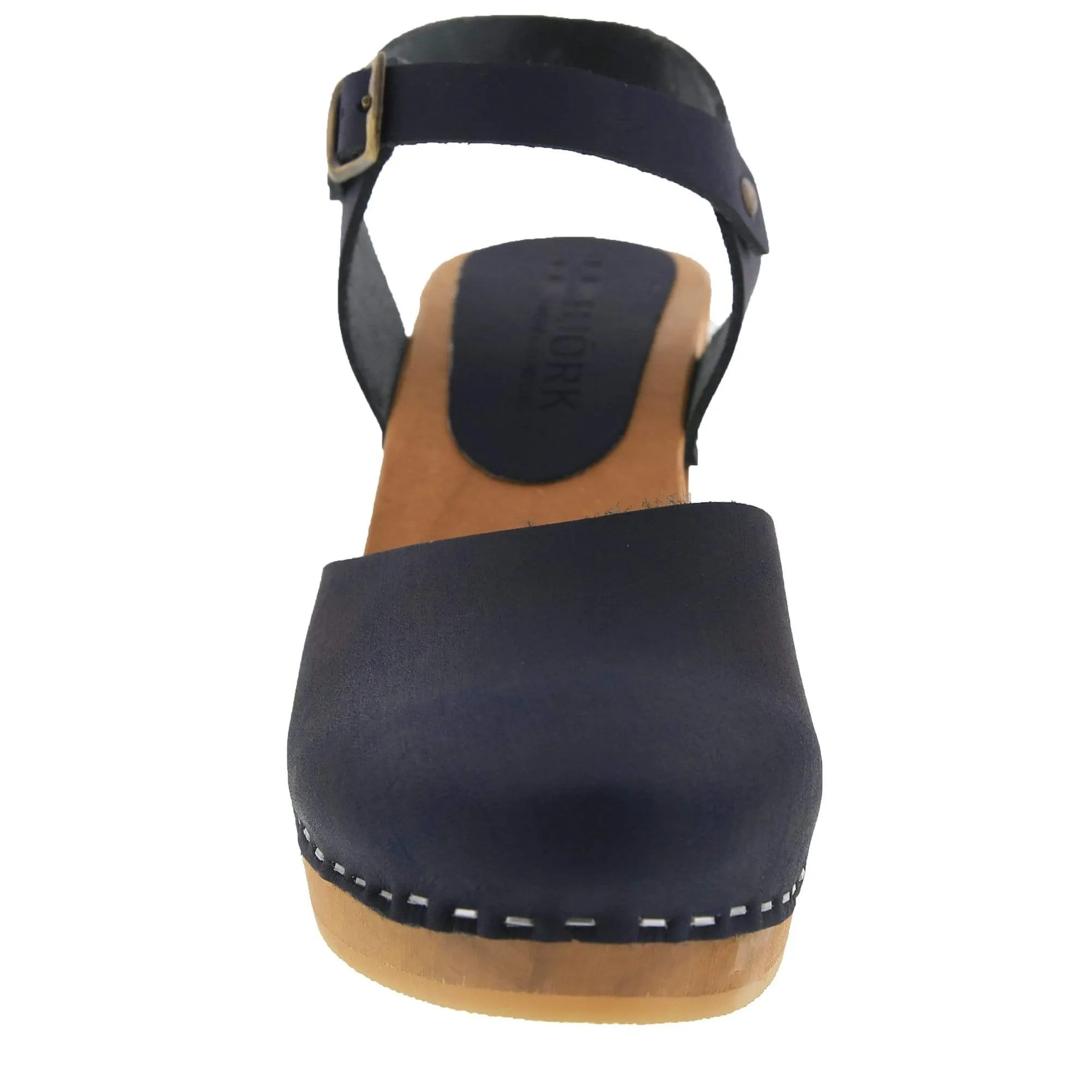 BJORK MARGARETA Swedish Wood Clog Sandals in Navy Oiled Leather