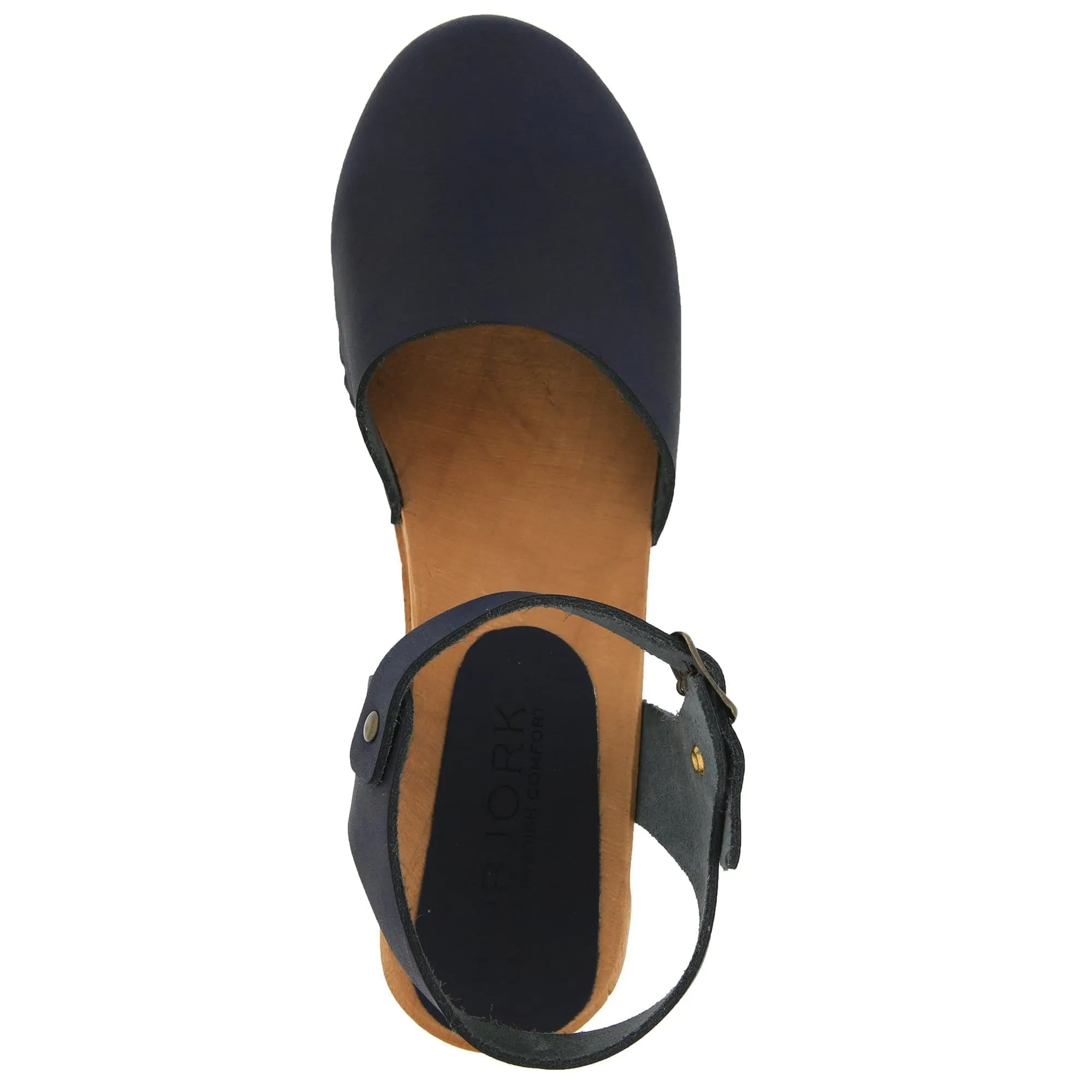 BJORK MARGARETA Swedish Wood Clog Sandals in Navy Oiled Leather