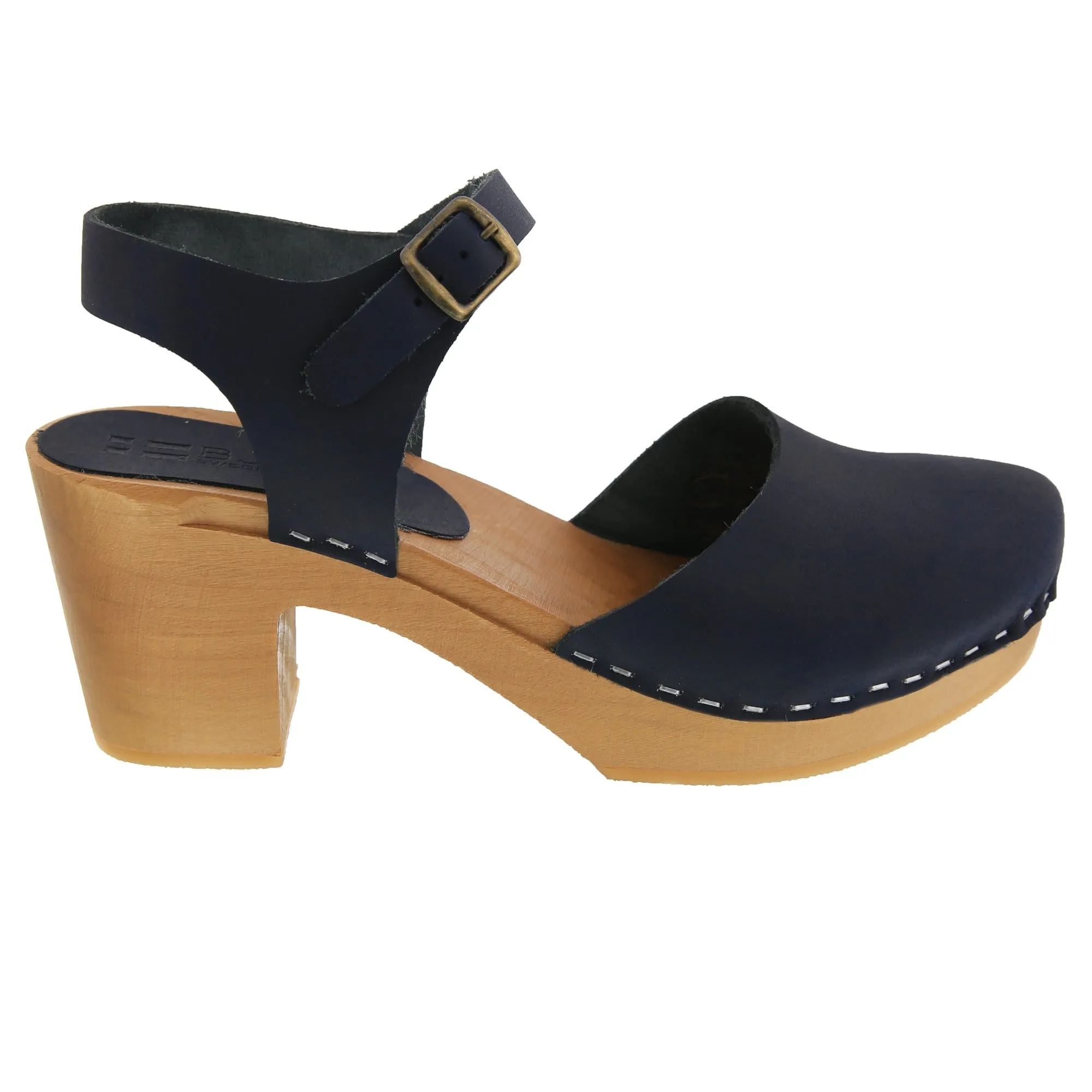BJORK MARGARETA Swedish Wood Clog Sandals in Navy Oiled Leather