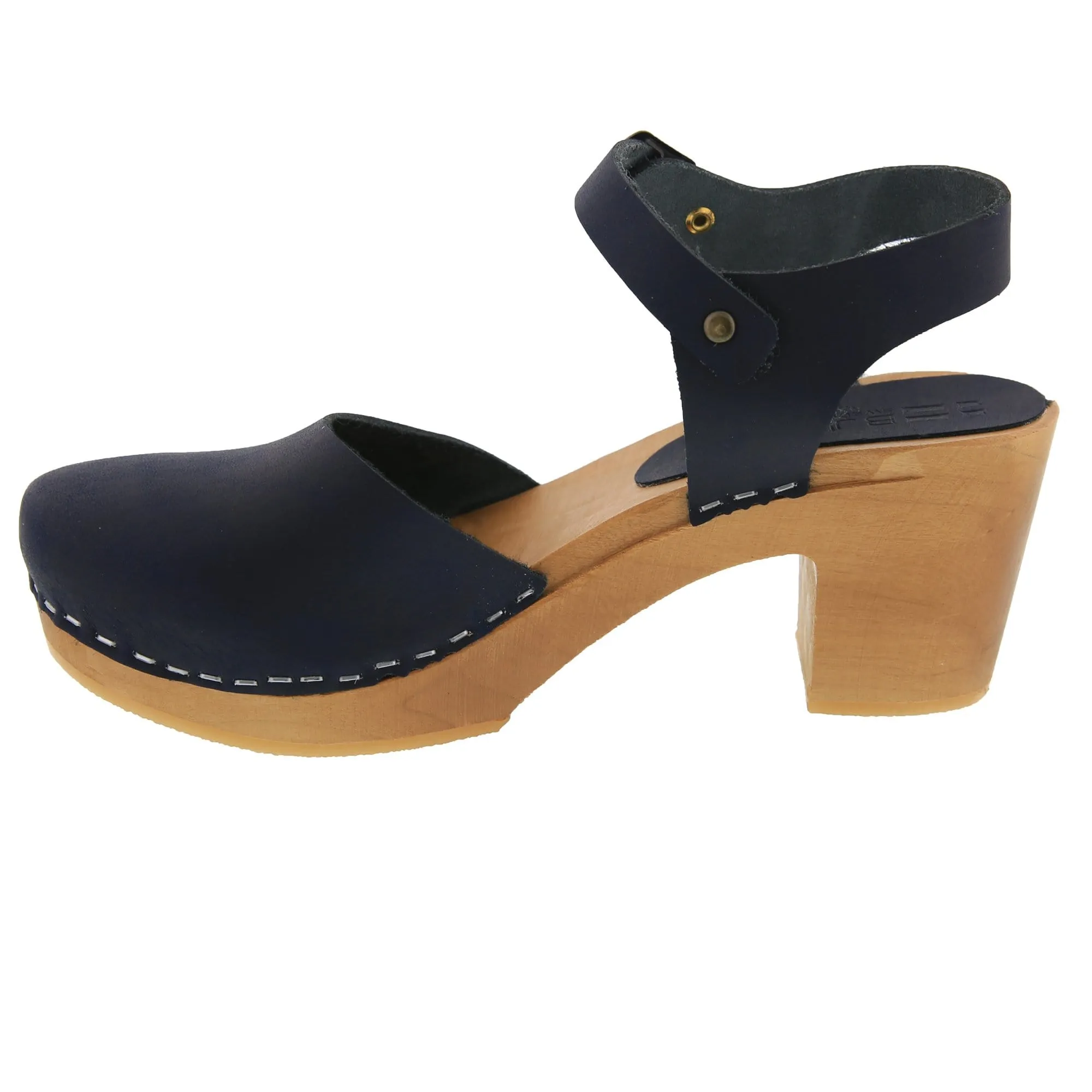 BJORK MARGARETA Swedish Wood Clog Sandals in Navy Oiled Leather