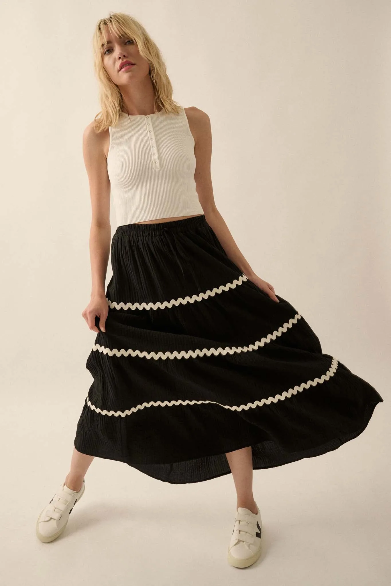 Blissful Breeze Rickrack-Trim Tiered Maxi Skirt