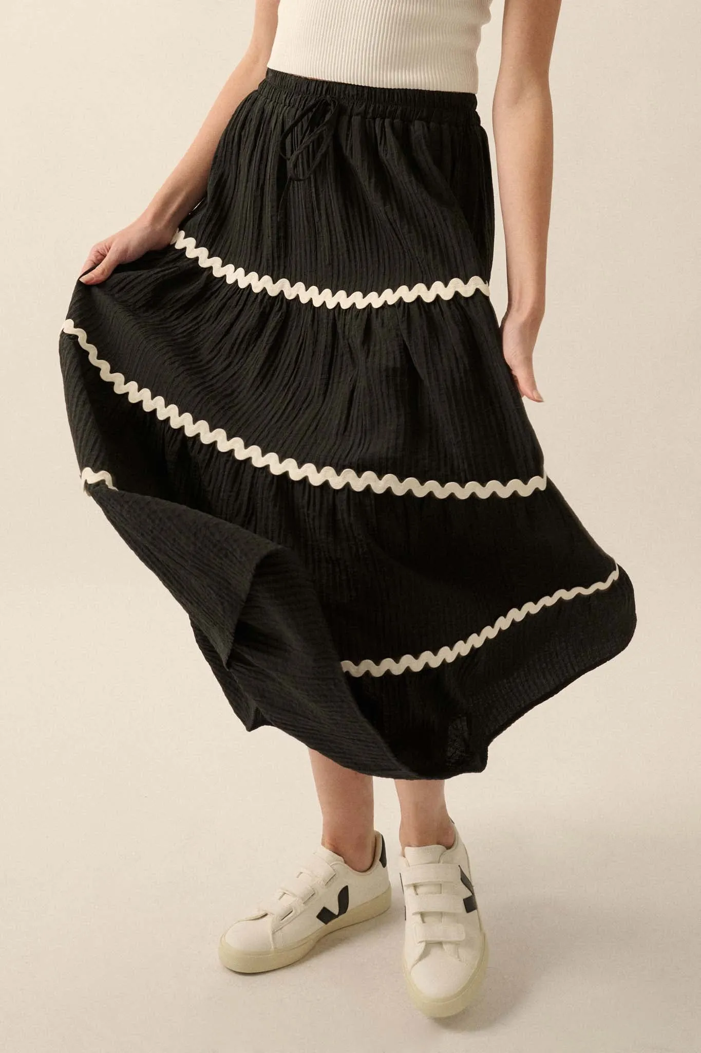 Blissful Breeze Rickrack-Trim Tiered Maxi Skirt