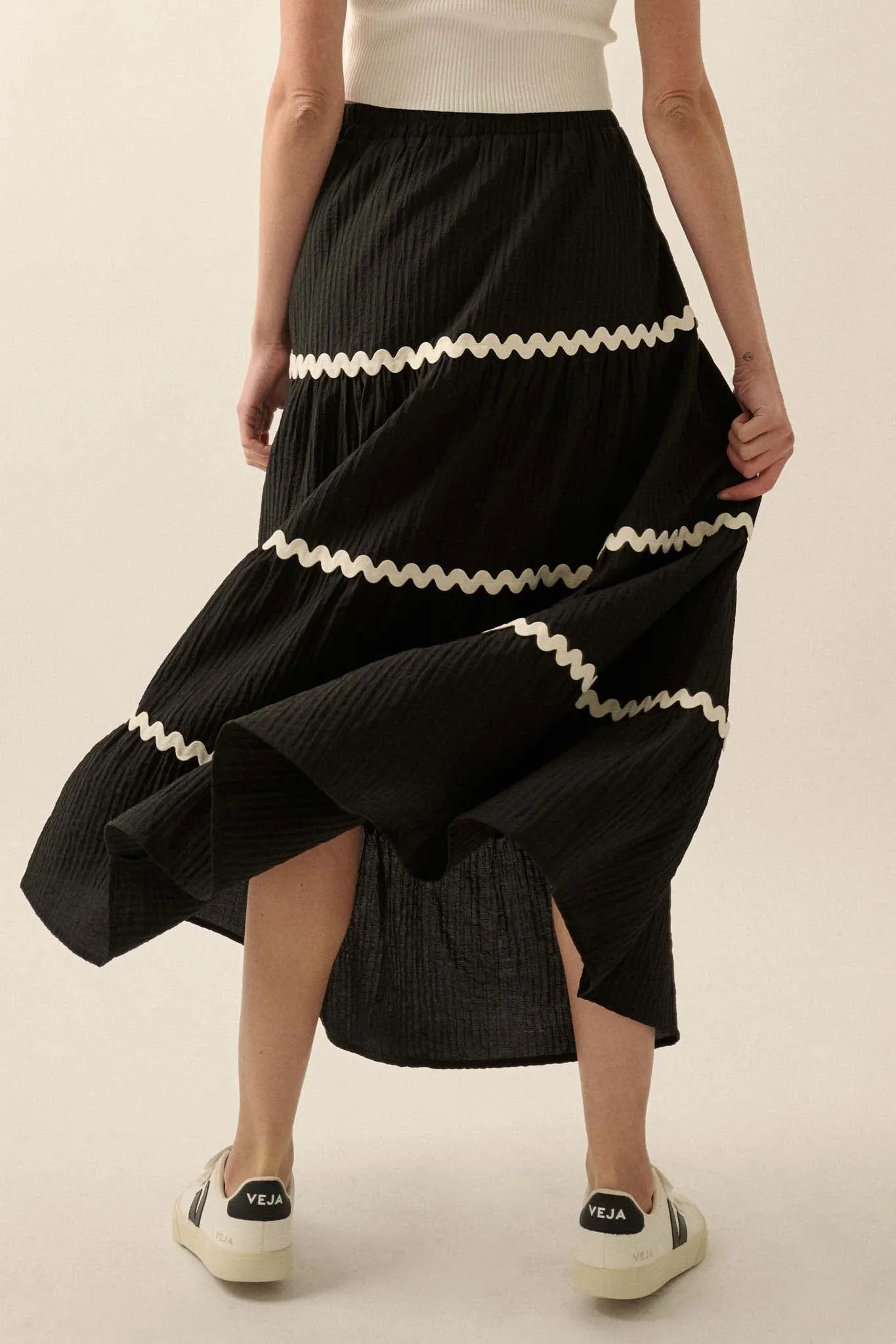Blissful Breeze Rickrack-Trim Tiered Maxi Skirt