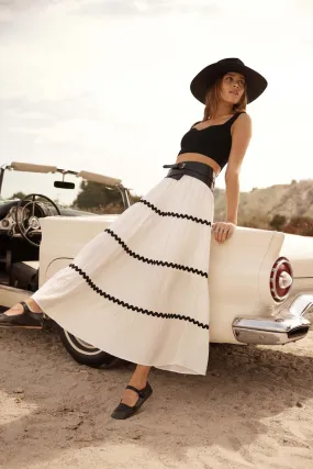 Blissful Breeze Rickrack-Trim Tiered Maxi Skirt