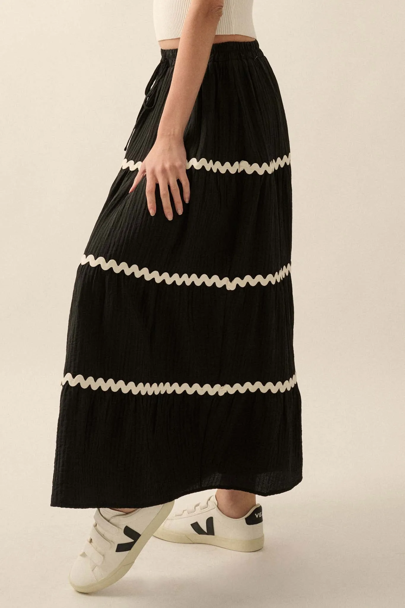 Blissful Breeze Rickrack-Trim Tiered Maxi Skirt