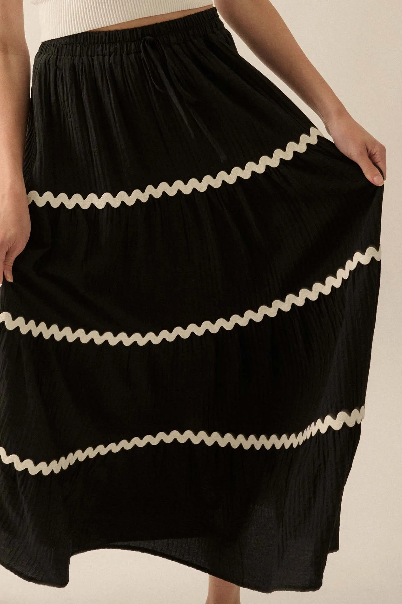 Blissful Breeze Rickrack-Trim Tiered Maxi Skirt