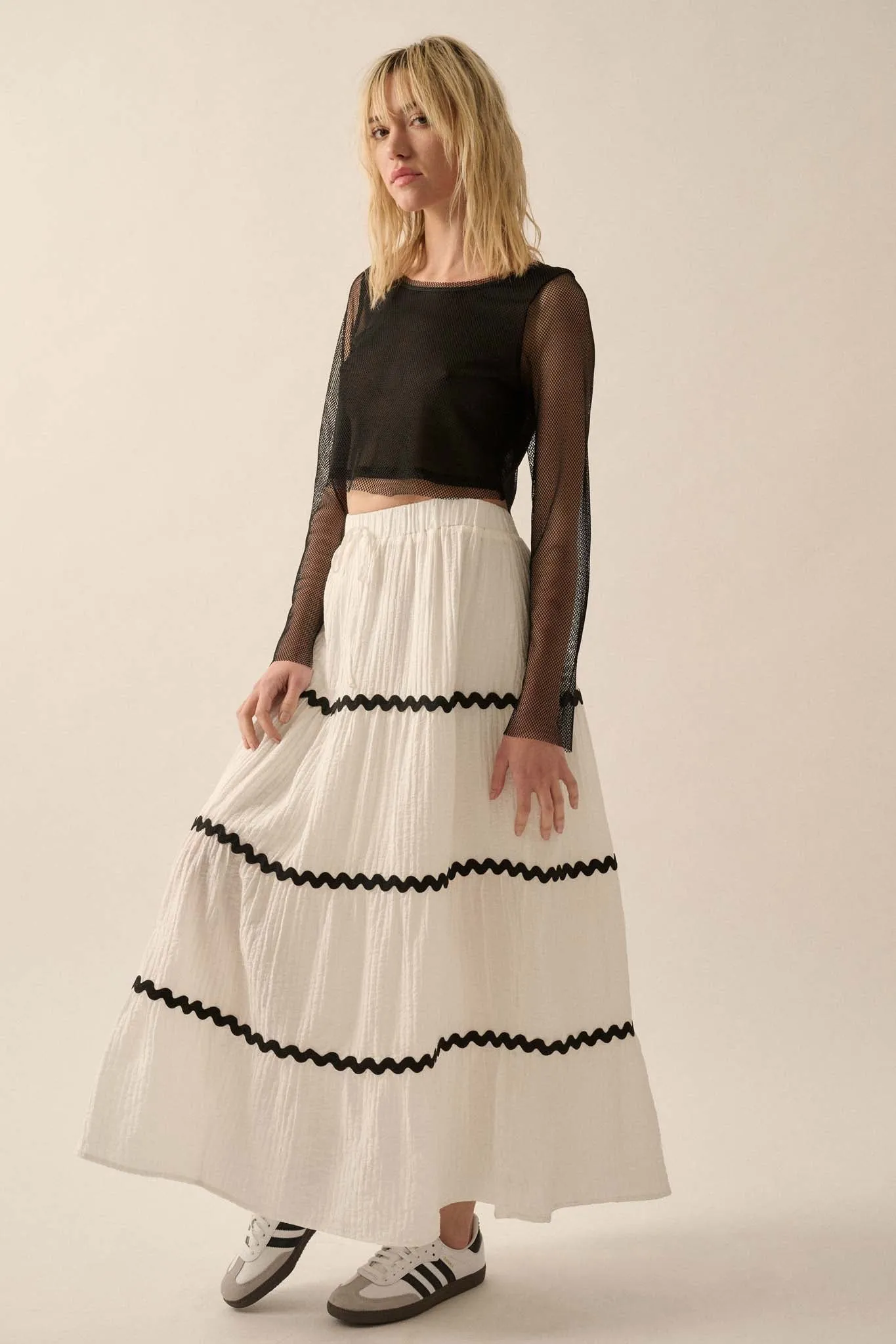 Blissful Breeze Rickrack-Trim Tiered Maxi Skirt