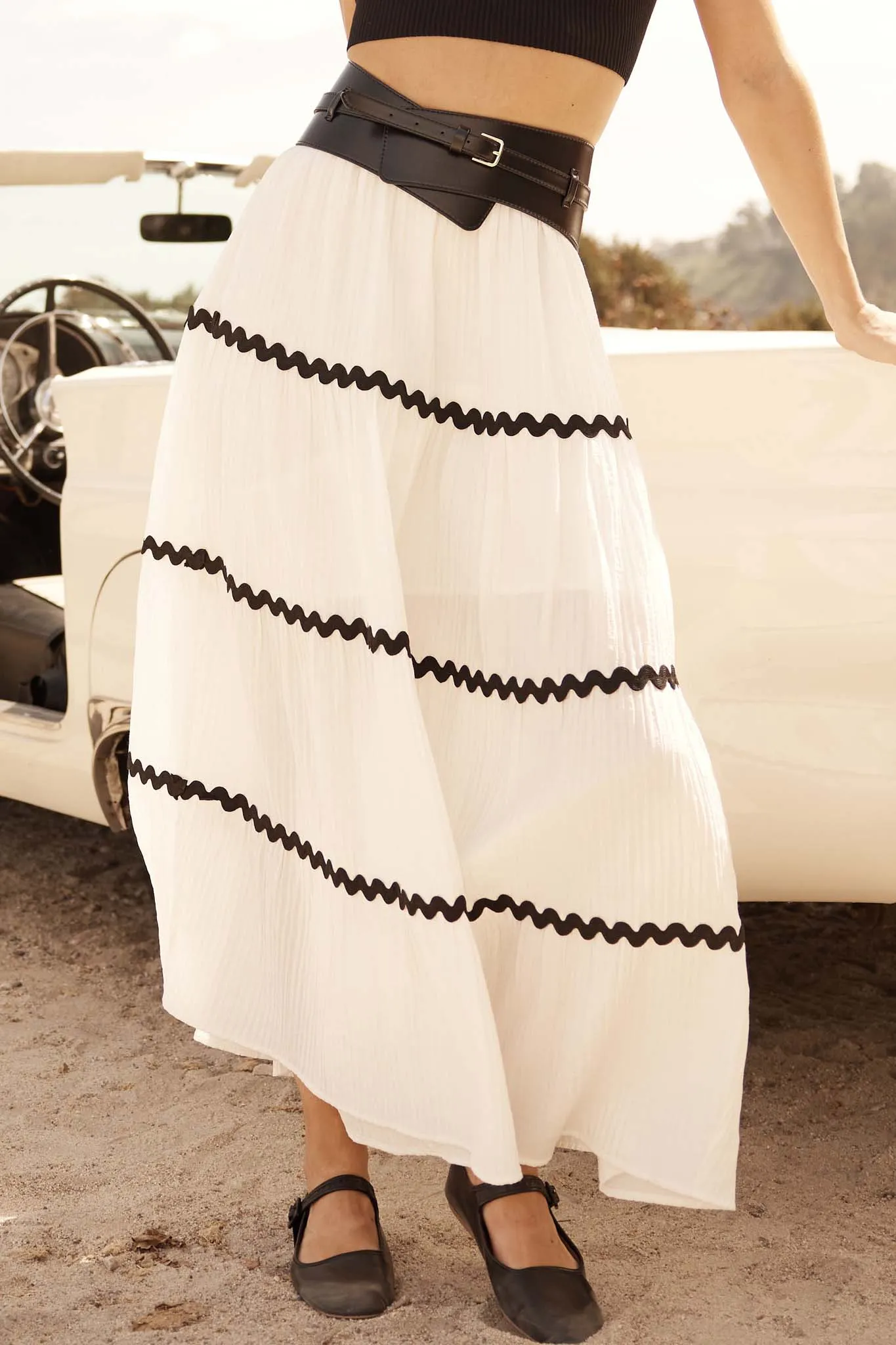 Blissful Breeze Rickrack-Trim Tiered Maxi Skirt
