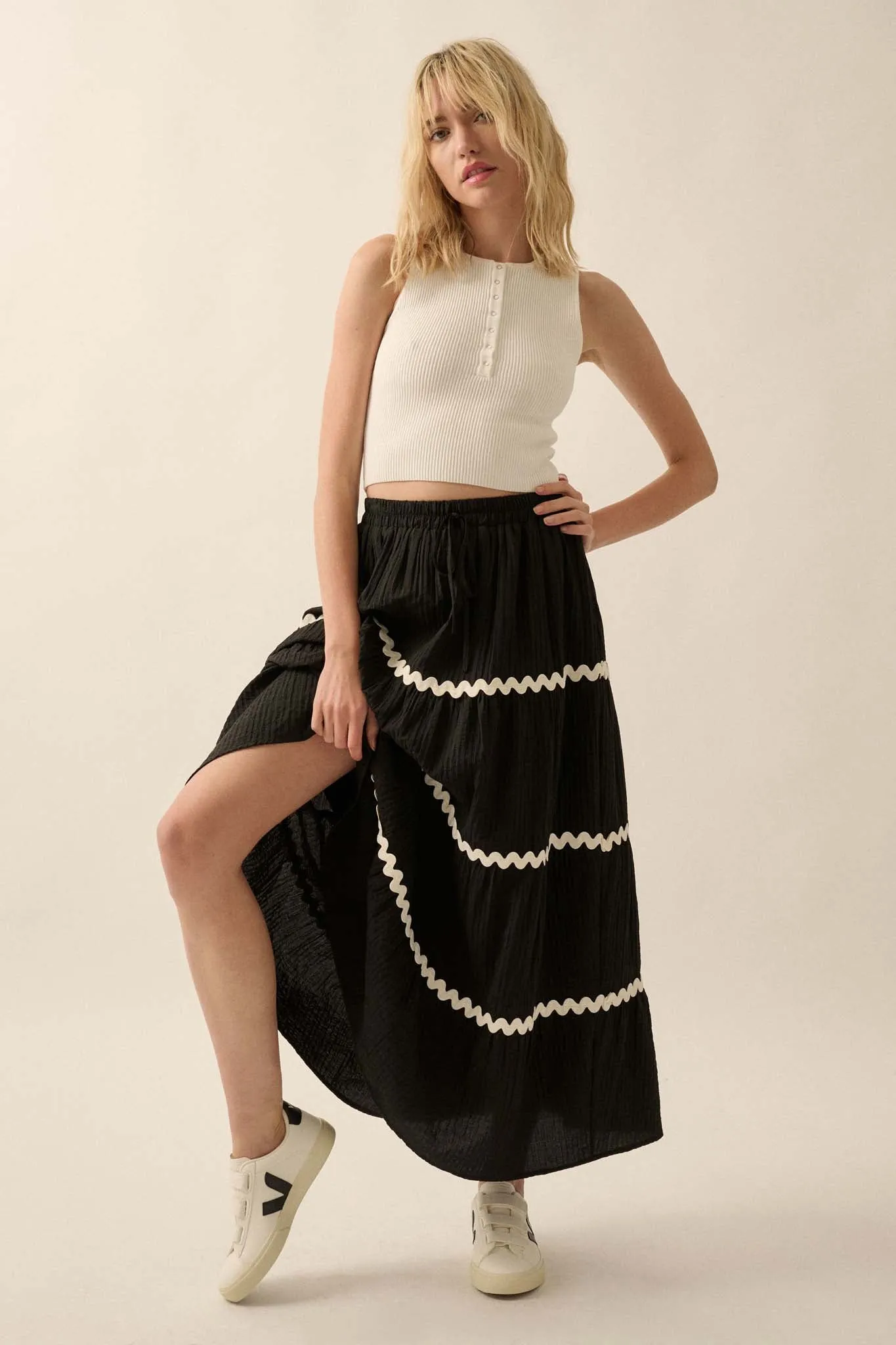 Blissful Breeze Rickrack-Trim Tiered Maxi Skirt