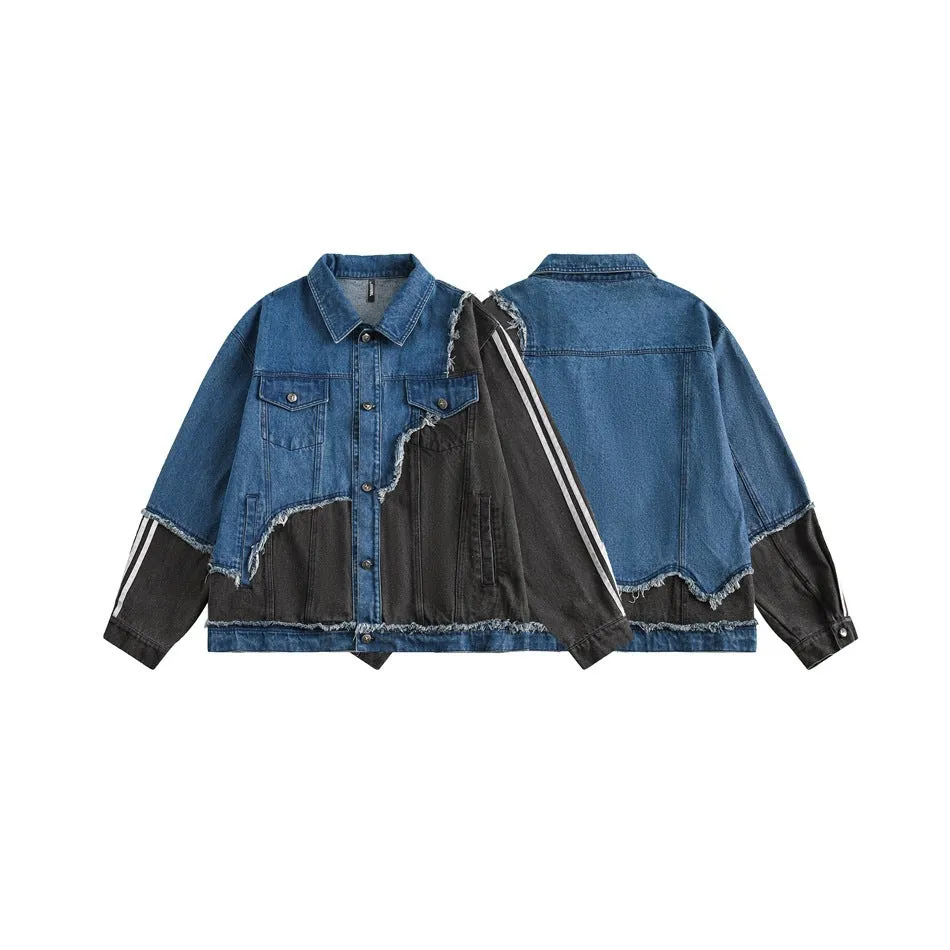 Bonsir 90s fashion men Fashionable Irregular Stitching Design Sense Workwear Denim Jacket Men's Spring and Autumn Loose Trendy Casual All-Matching Jacket