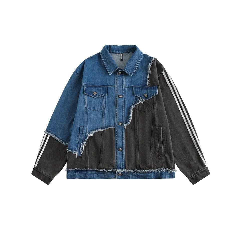 Bonsir 90s fashion men Fashionable Irregular Stitching Design Sense Workwear Denim Jacket Men's Spring and Autumn Loose Trendy Casual All-Matching Jacket