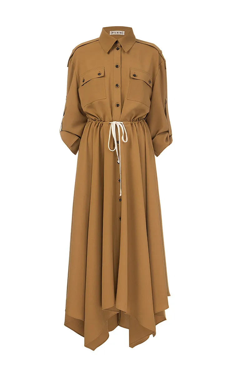 Brown Midi Dress with Wedges and Shoulder Straps