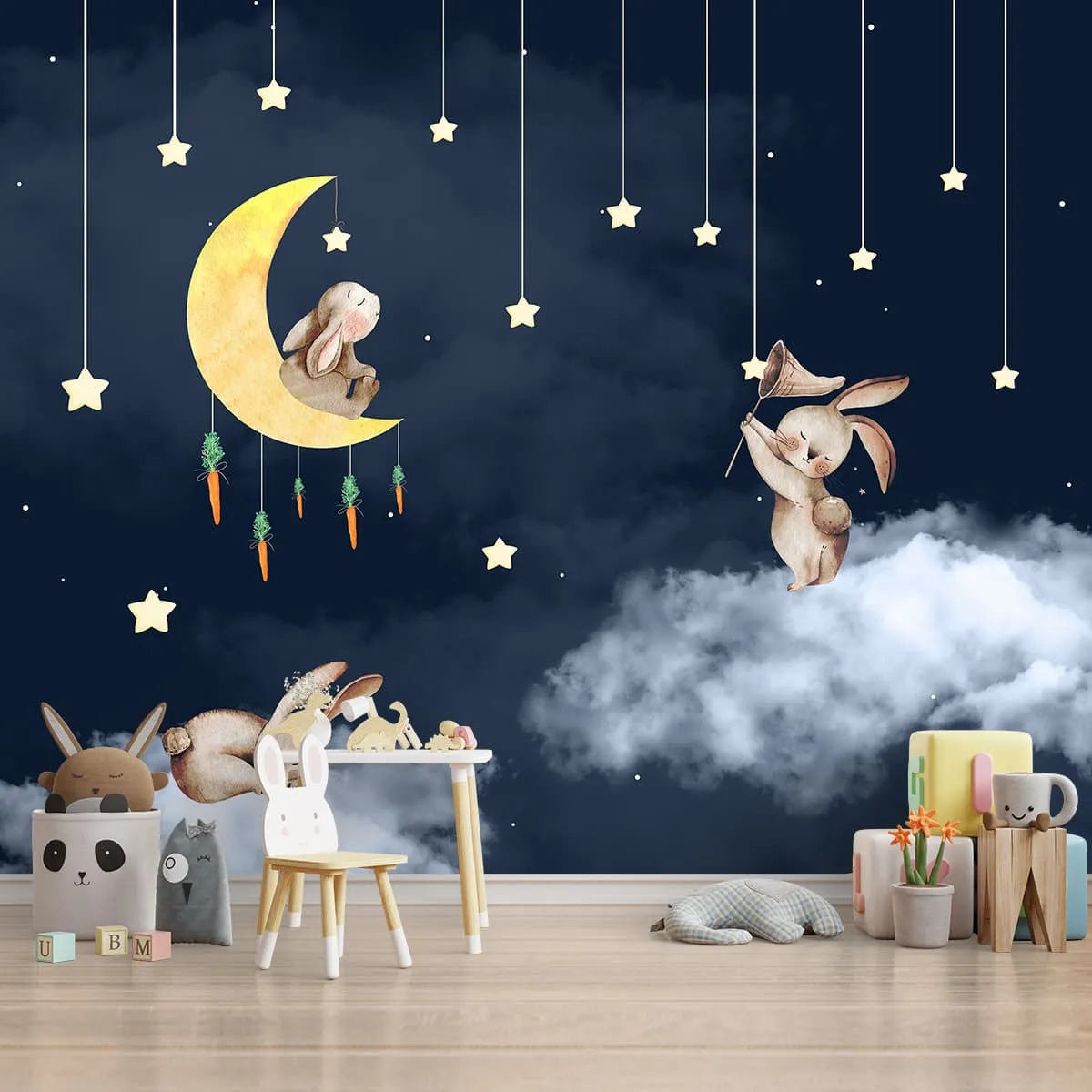 Bunnies in Night Kids Room Wallpaper, Blue