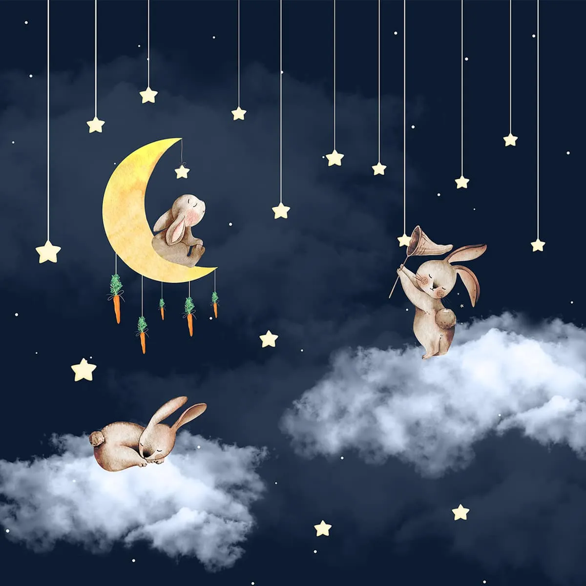 Bunnies in Night Kids Room Wallpaper, Blue