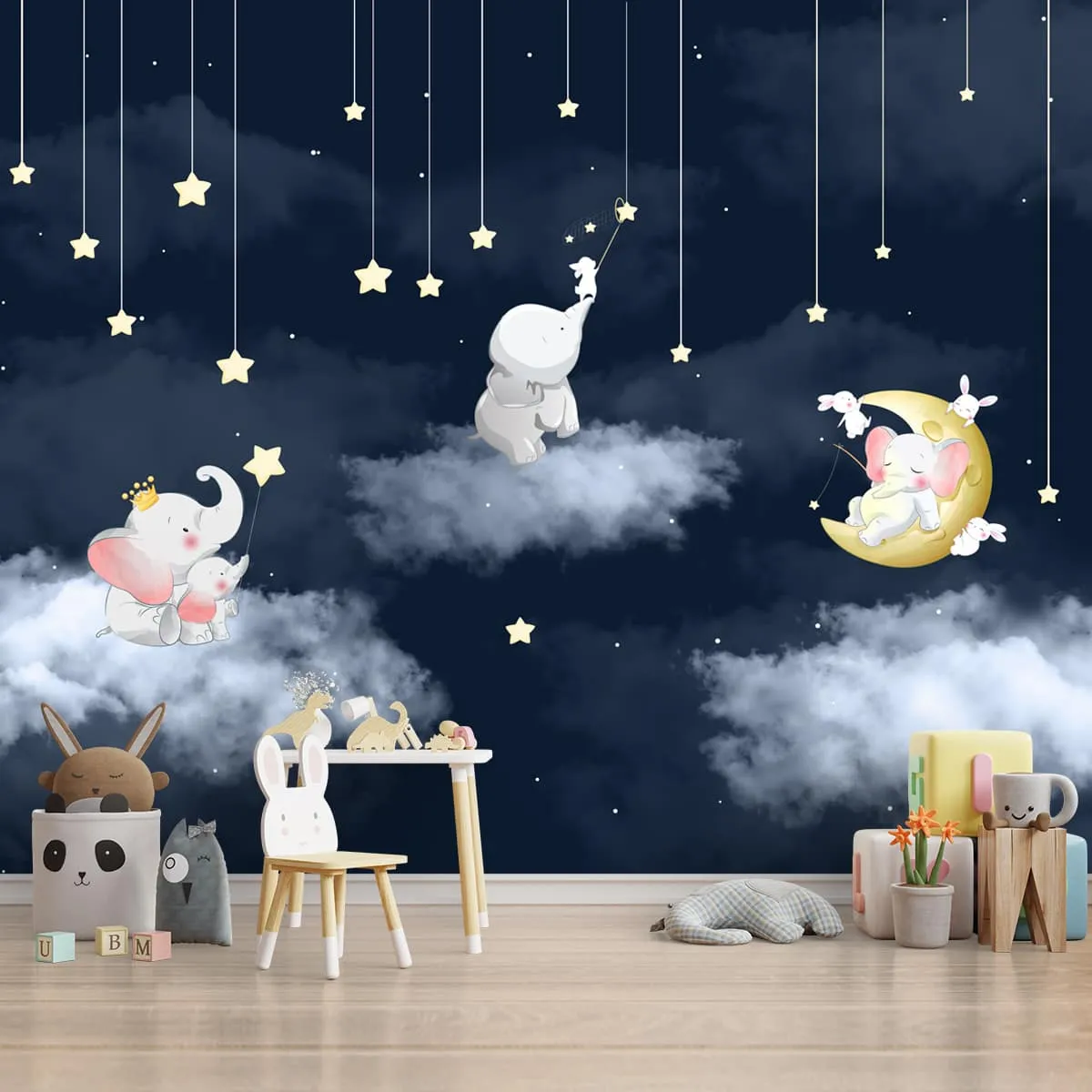 Elephants in Night Scene Kids Room Wallpaper