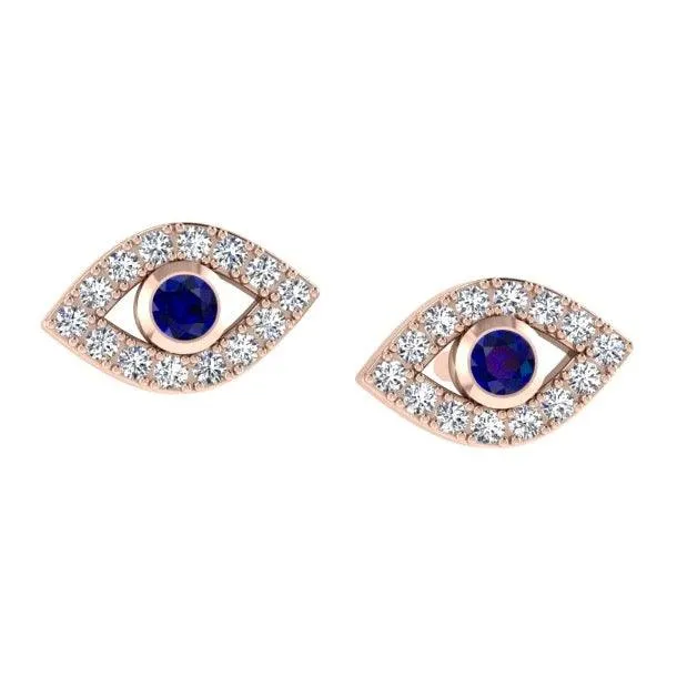 Evil Eye Diamond Stud Earrings with Sapphire Stone 14K Gold