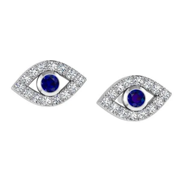 Evil Eye Diamond Stud Earrings with Sapphire Stone 14K Gold