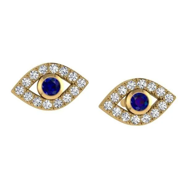 Evil Eye Diamond Stud Earrings with Sapphire Stone 14K Gold