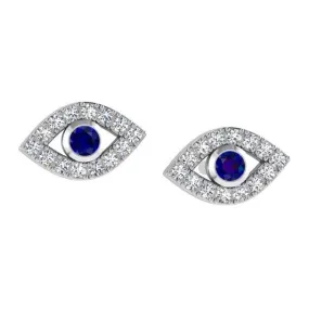 Evil Eye Diamond Stud Earrings with Sapphire Stone 14K Gold