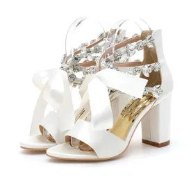 Fashion White Lace Crystal Sandals Bridal Dress Shoes Open Toe
