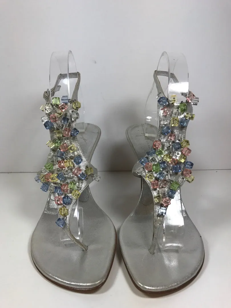 GIUSEPPE ZANOTTI Silver Slingback Open Toe Heel with Multi Color Beads Size 9