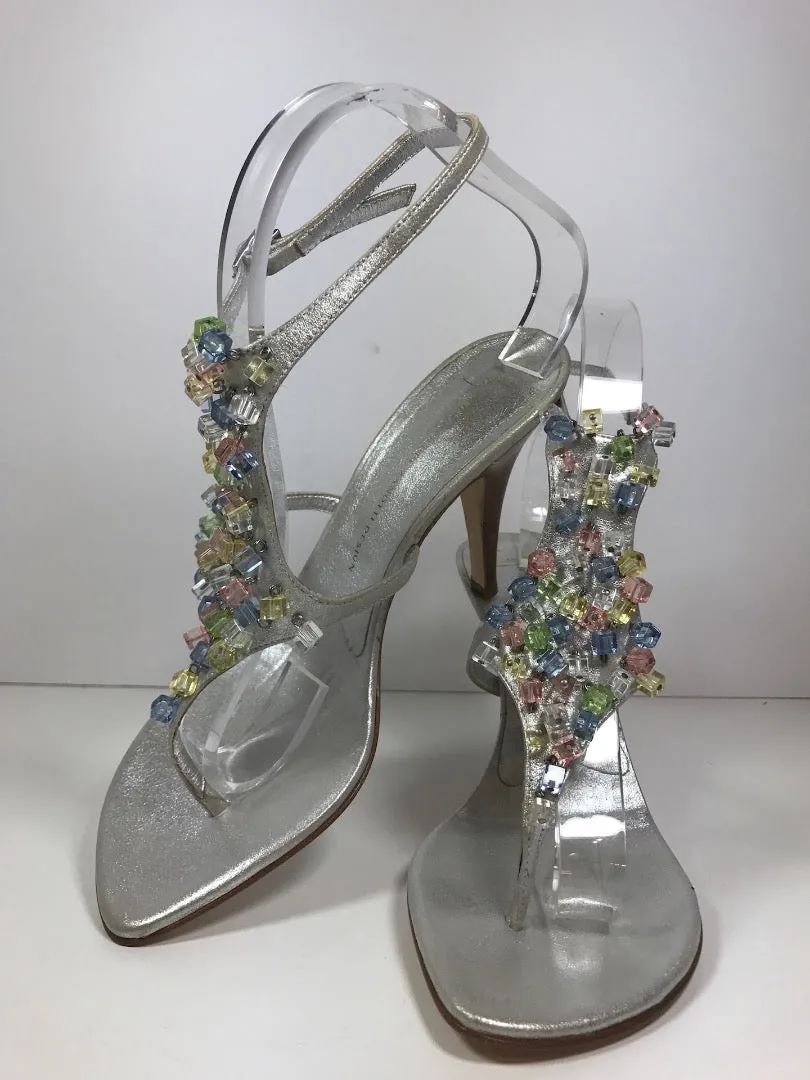 GIUSEPPE ZANOTTI Silver Slingback Open Toe Heel with Multi Color Beads Size 9