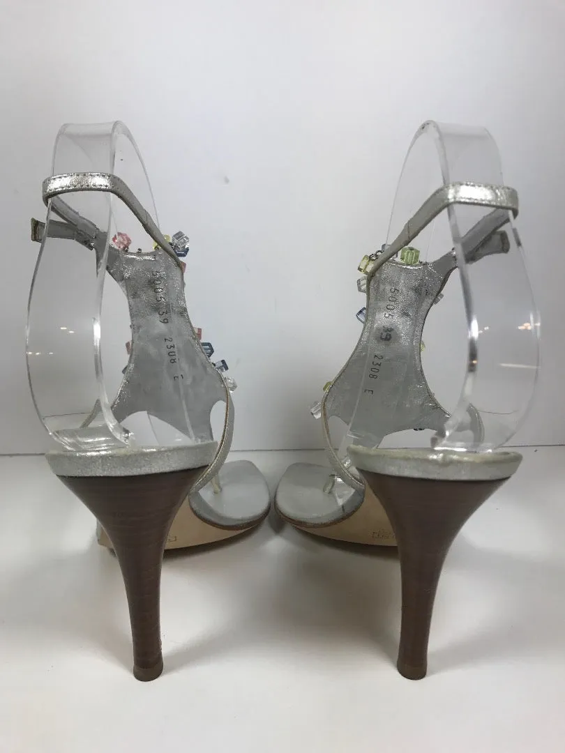 GIUSEPPE ZANOTTI Silver Slingback Open Toe Heel with Multi Color Beads Size 9