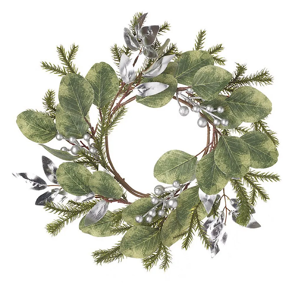 Green Foliage  & Silver Bead Candle Wreath