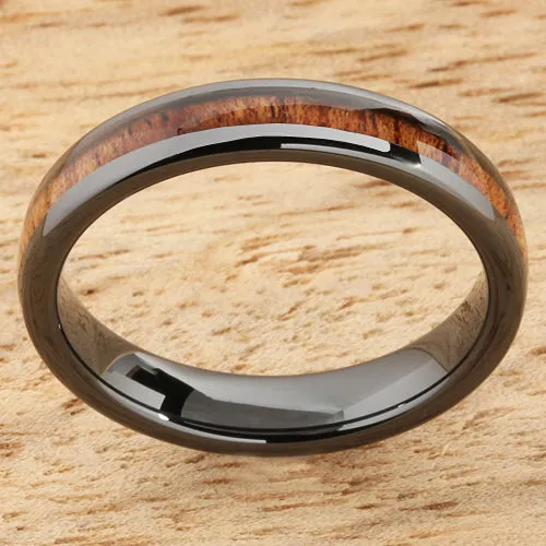 High Tech Black Ceramic Natural Koa Wood Oval Wedding Ring Pair 4mm/8mm