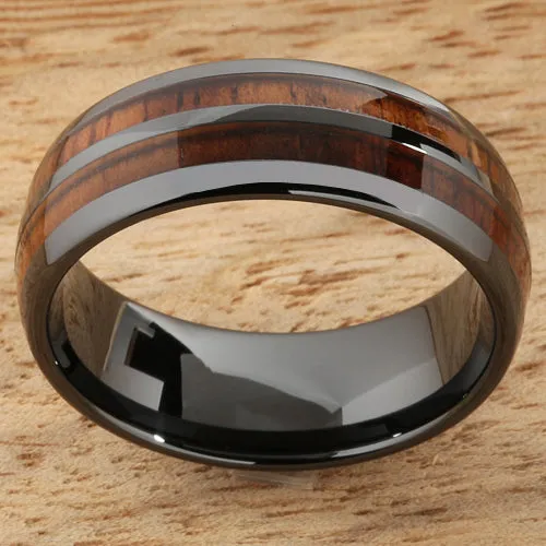 High Tech Black Ceramic Natural Koa Wood Oval Wedding Ring Pair 4mm/8mm