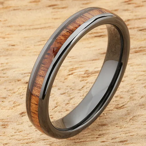 High Tech Black Ceramic Natural Koa Wood Oval Wedding Ring Pair 4mm/8mm