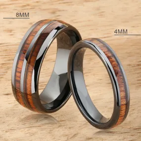 High Tech Black Ceramic Natural Koa Wood Oval Wedding Ring Pair 4mm/8mm