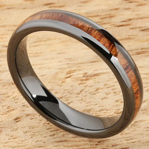High Tech Black Ceramic Natural Koa Wood Oval Wedding Ring Pair 4mm/8mm