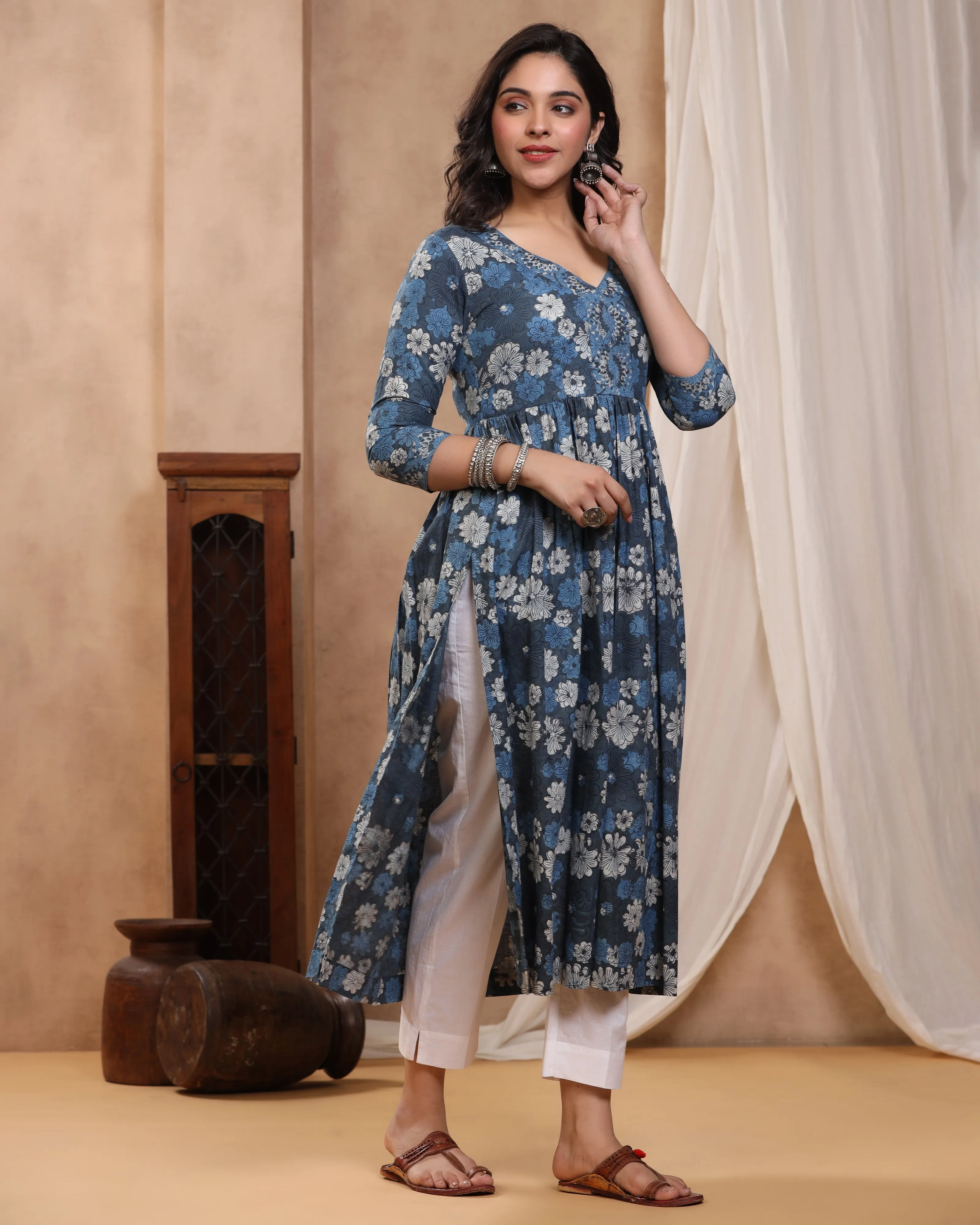 Indigo Kashish Dabu Baisa Hand Block Printed Cotton Gathered Kurti