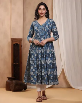 Indigo Kashish Dabu Baisa Hand Block Printed Cotton Gathered Kurti