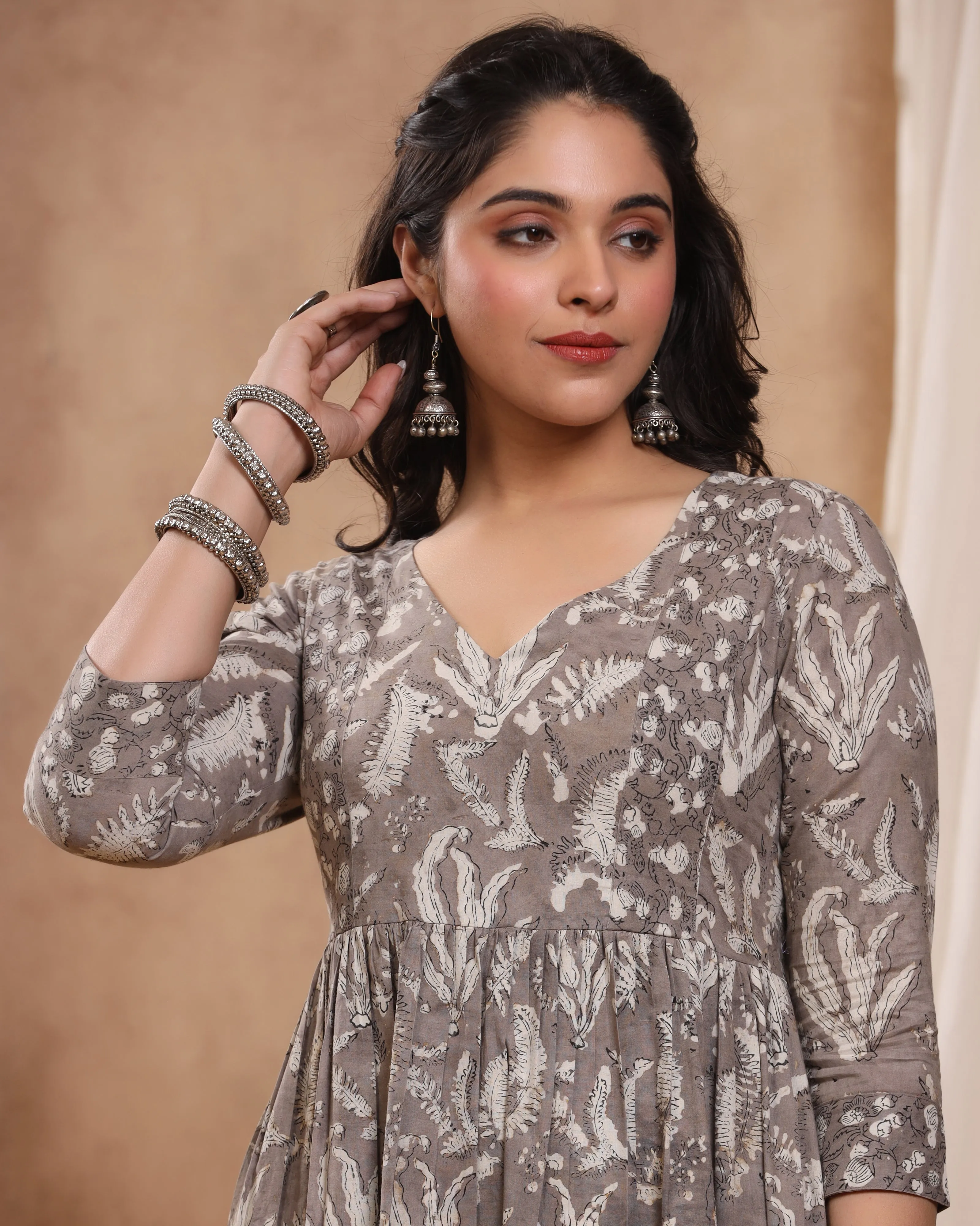 Kashish Dabu Hand Block Printed Cotton Gathered Kurti